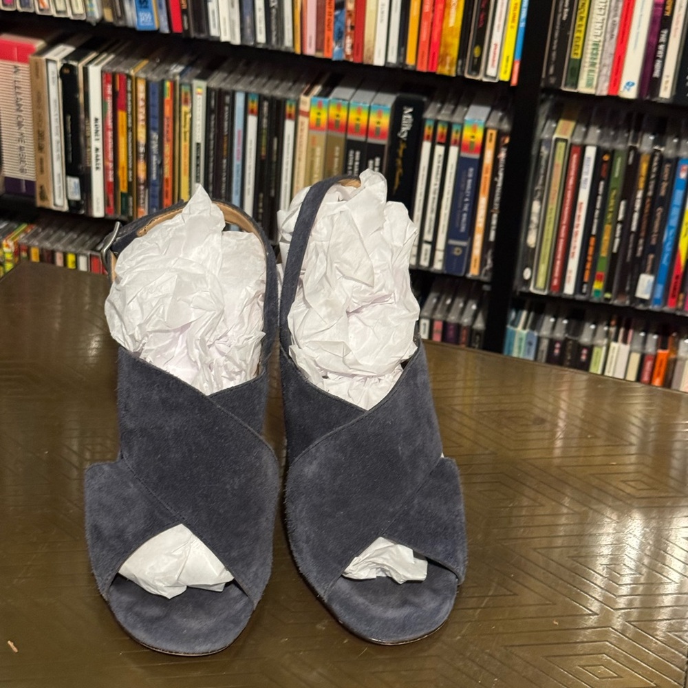 Banana Republic Navy Blue Wedge Sandal with Crossover Straps and 4 Inch Heels